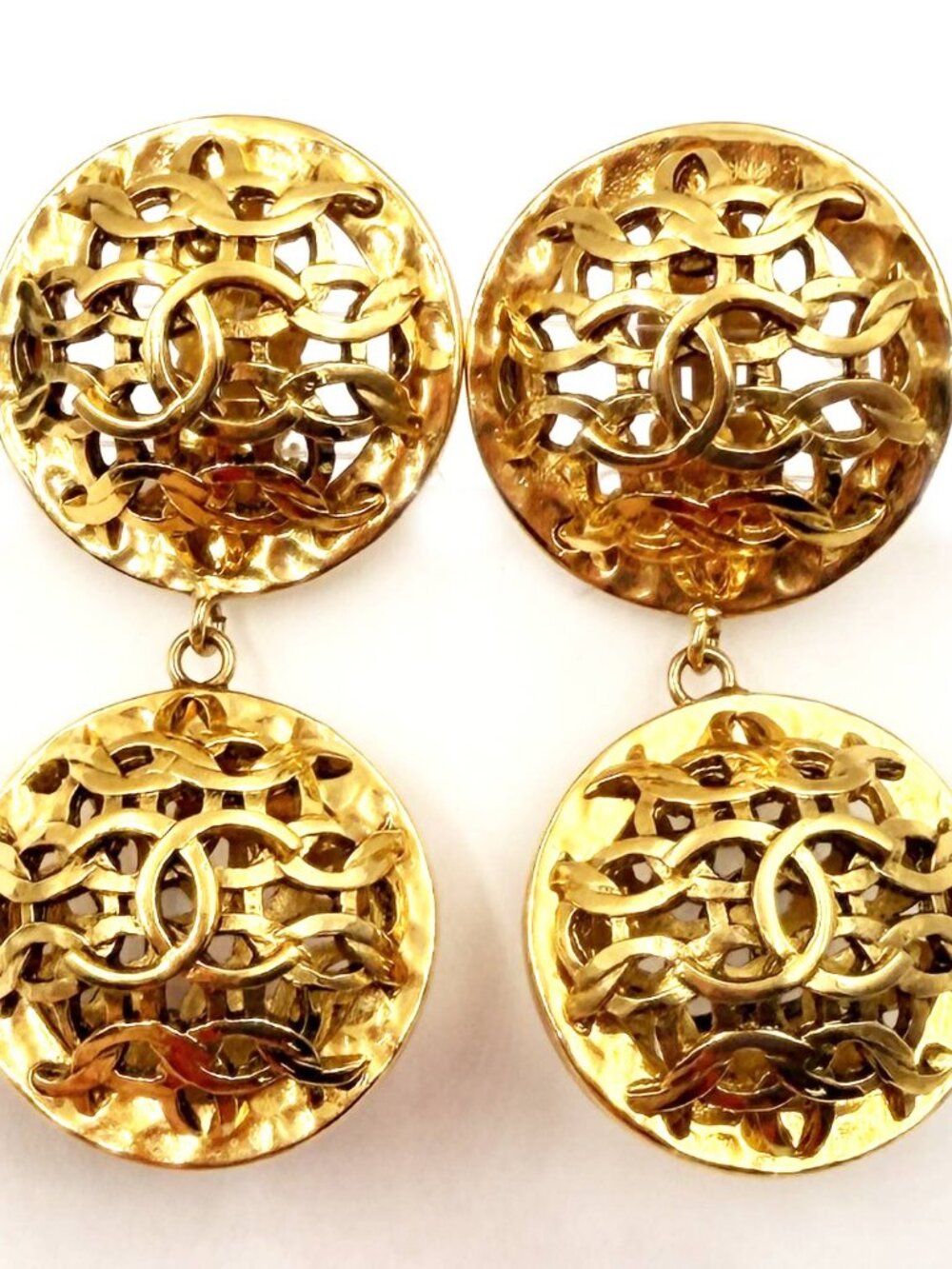 Chanel Vintage Gold Plated CC Weaving Round Dangle Large Clip on Earrings
